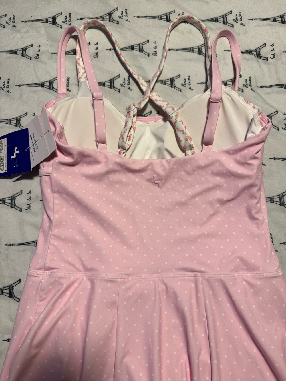 JoyLab Light Pink Polka Dot Skater Mini Dress with Floral Crisscross Straps - Picture 5 of 8
